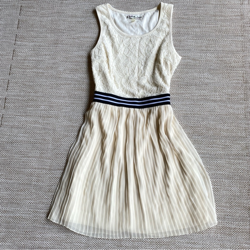 Accidentally in Love Fit n Flare Cream Floral Lace Pleated Sleeveless Dress